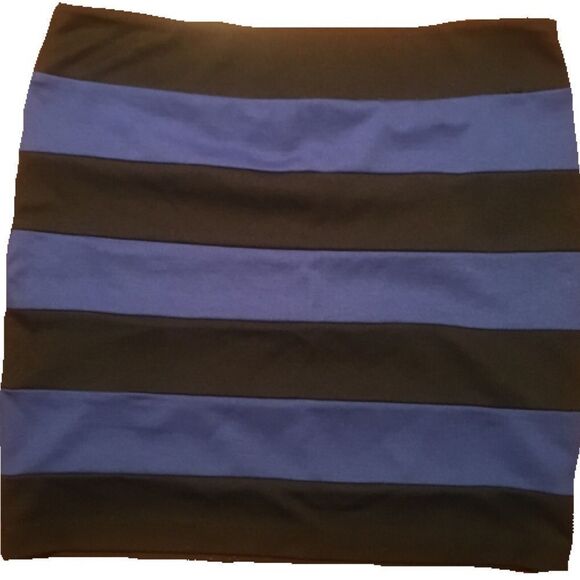 Forever 21 Medium Royal Blue & Black Striped Bandage Stretch Pull On Mini Skirt - Picture 1 of 3